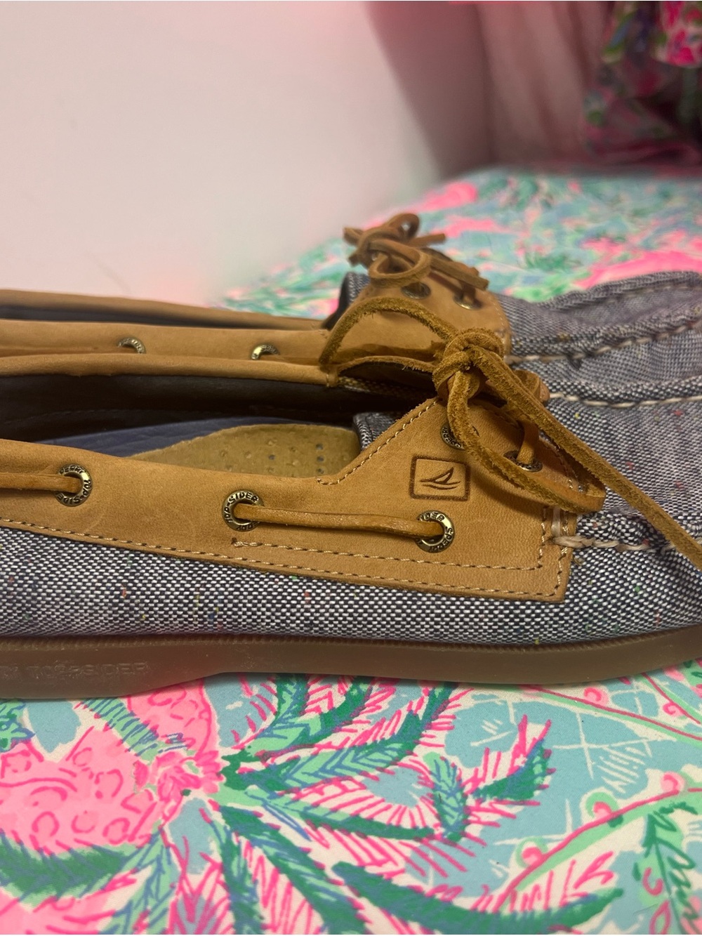 Sperry top spider ,denim with color specs  and leather Boat Shoes